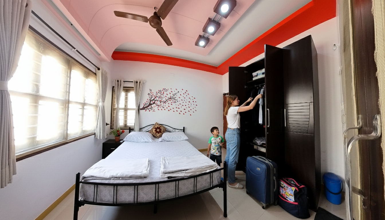 Queen-size bed and interior view of Homeland Stay Bedroom 2