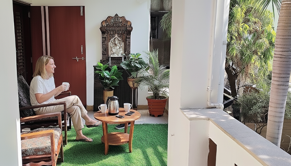 Lord Ganesh idol placed in Balcony-4 garden setting for a spiritual and peaceful vibe