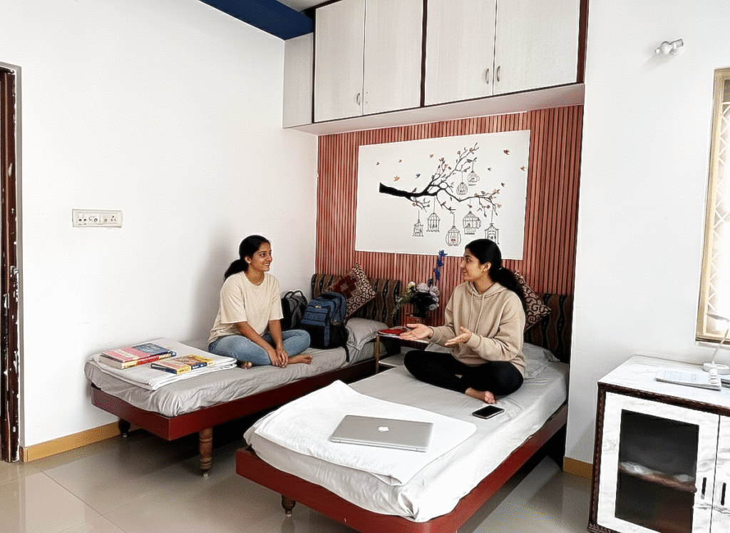Two friends chatting and relaxing in the bright, spacious Bedroom 3.