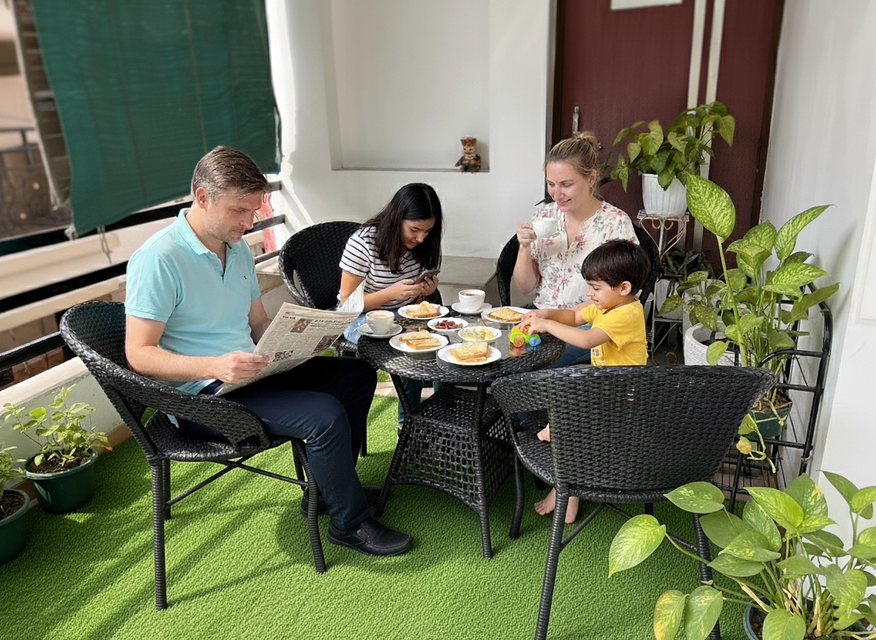 Outdoor seating arrangement for breakfast on balcony