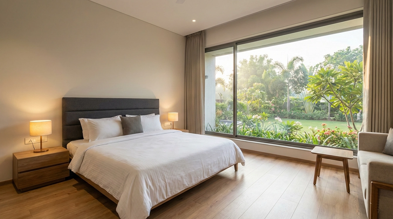 Modern luxury homestay bedroom in Ahmedabad with a large window overlooking a lush green garden